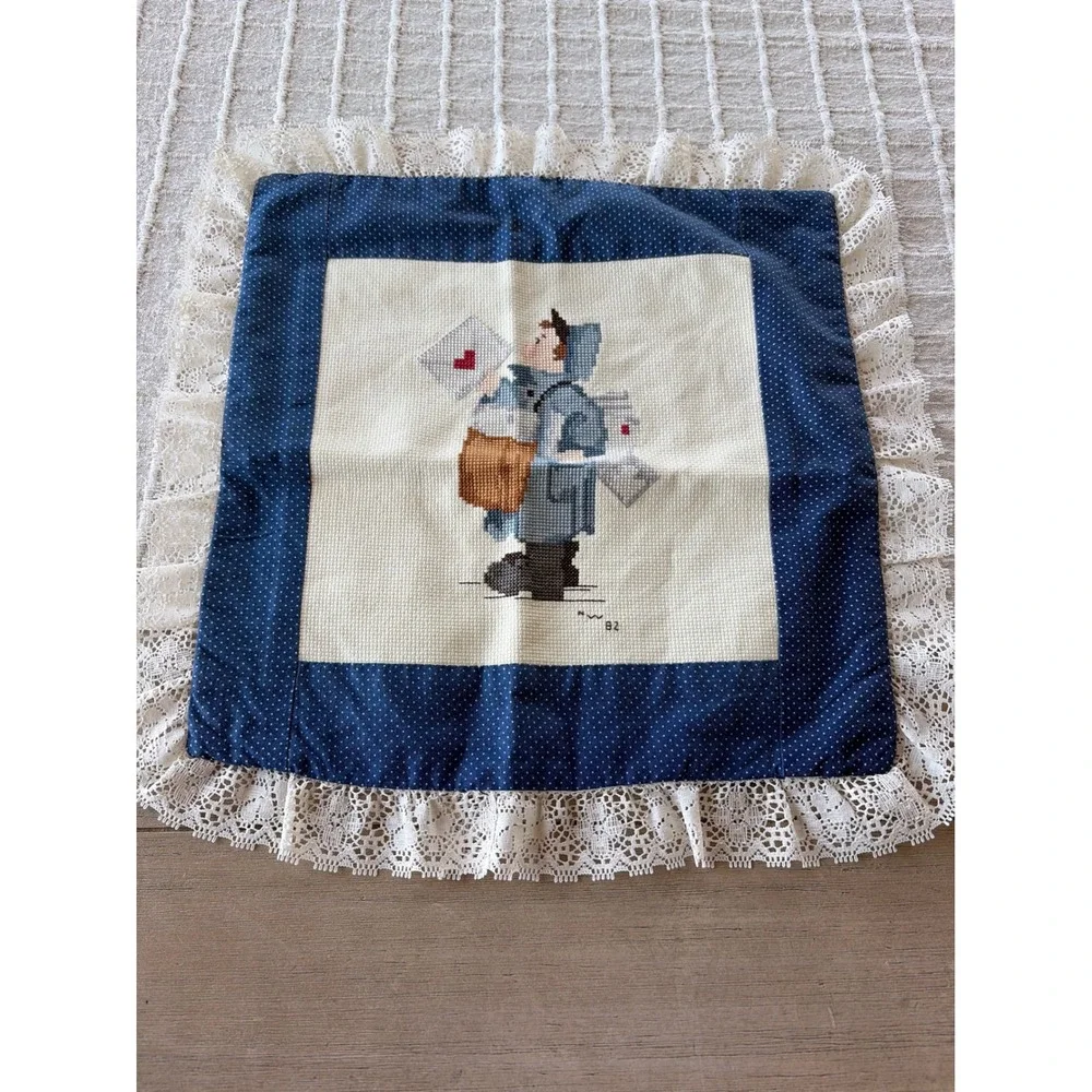 Vintage 1982 Handmade Cross Stitch Mailman Pillow Cover Lace Polka Dot 12x12